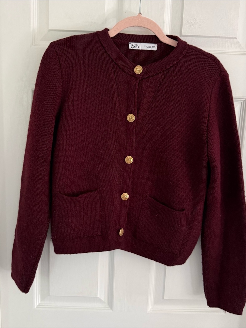 Zara Burgundy Wool Blend Button-Front Knit Cardigan Gold Buttons Size Large